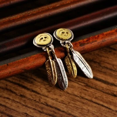 925 Sterling Silver Indian Eagle Double Feather Dangle Ear Studs Post Earrings - Image 1 of 4