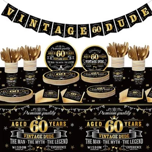 183Pcs Vintage 60th Birthday Tableware Black Gold Tablecloth Plates Cups Set - Picture 1 of 7