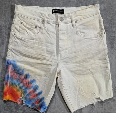 Purple Brand Denim Jean Shorts Style P020 Distressed Burst Tie Dye Cream Mens 32 - Image 1 of 4
