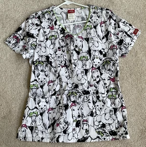 Dickies White Black w/ Lime Fuchsia Fancy Dogs Fitted Scrub Top Women's M - Picture 1 of 4