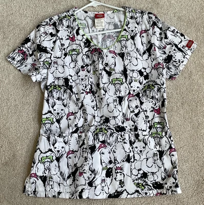 Dickies White Black w/ Lime Fuchsia Fancy Dogs Fitted Scrub Top Women's M - Image 1 of 4