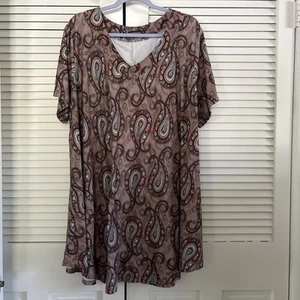 Monnuro Tunic Dress Womens 5X Brown Paisley Stunning Print V Neck Short Sleeve - Picture 1 of 8