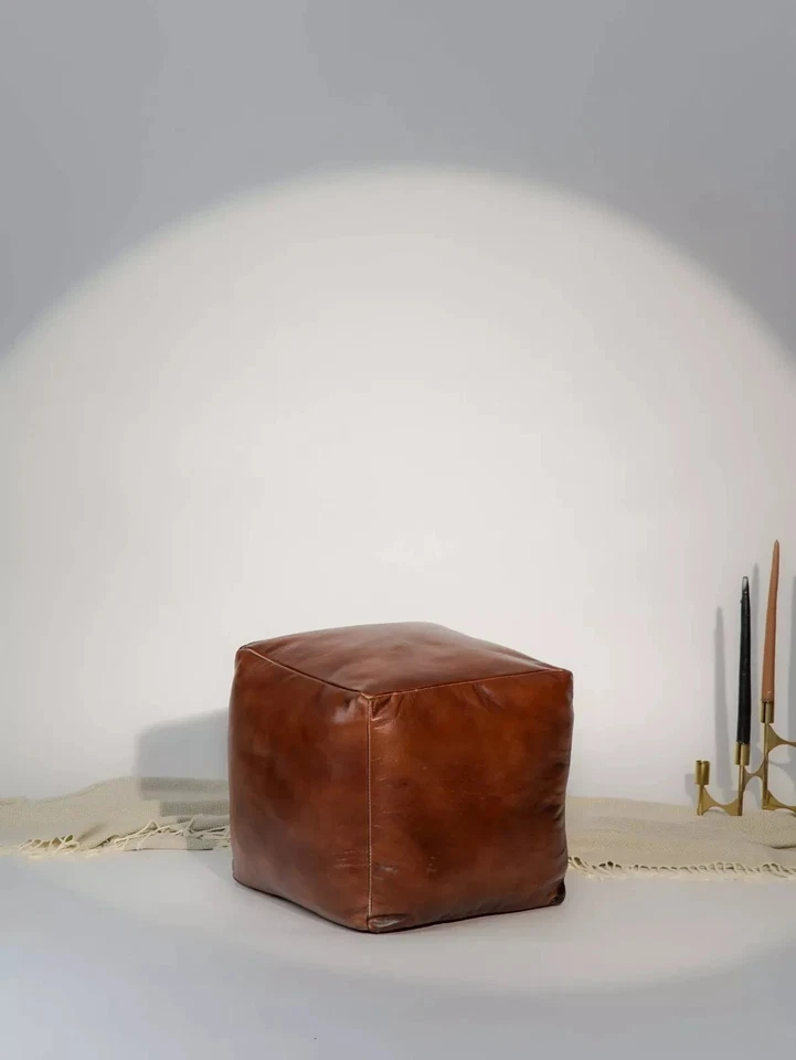 Handmade eco- friendly Square SHAPED STUFFED BUFFALO LEATHER BROWN POUF - Image 1 of 4
