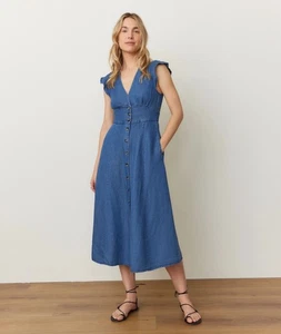 Marine Layer Camila Midi Dress Sz M V-Neck Chambray Blue Ruffle Flutter Sleeve - Picture 1 of 6