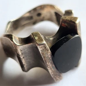 Fierce Vtg Heavy Sterling Silver Modernist Brutalist Onyx Ring sz 9.25 Signed CB - Picture 1 of 6