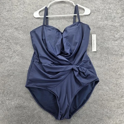 Traje de baño Nicole Miller Studio para mujer 3X azul marino de una pieza fruncido frente torcido Foto 1 de 4