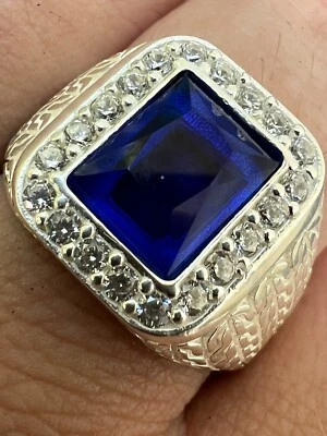 Men's Real 925 Sterling Silver Iced Stimulated Blue Sapphire & CZ Hip Hop Ring - Image 1 of 4