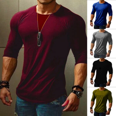 Slim Muscle Fit Long Sleeve T Shirt Gym Designer Plain Curved Hem Top For Mens - Image 1 of 4