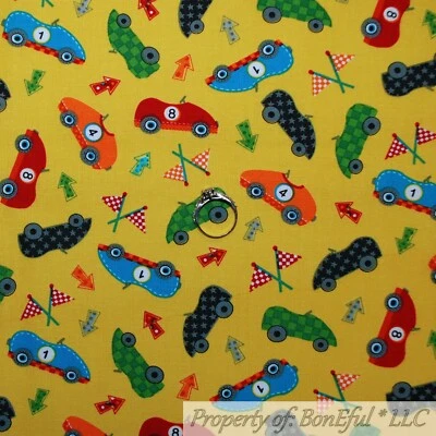 BonEful Fabric Cotton Quilt Yellow Blue Race Car B&W Red Baby Boy Kid RARE SCRAP - Image 1 of 4