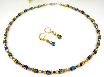 2er Set Perle Glas Würfel Türkis Blau marmoriert  mehrfarbig  gold 137 - Bild 1 von 4