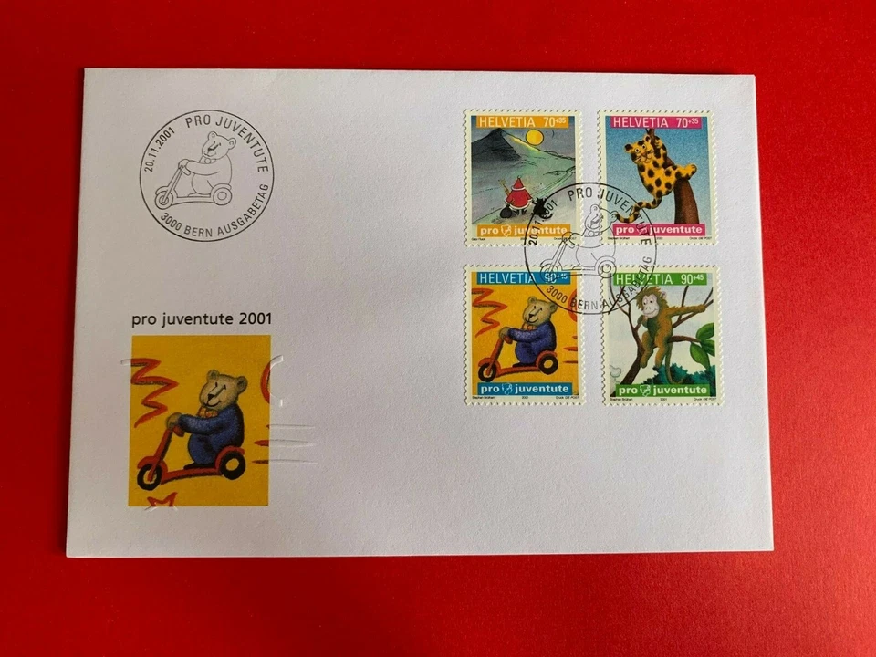 SWITZERLAND HELVETIA 2001 FDC CHILDREN'S BOOKS SANTA CLAUS LEOPARD MONKEY BEAR  - Image 1 of 1