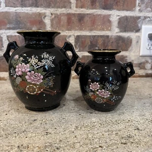 Vintage Sophia Ann NY Black Vase Japanese cart of Flowers 2 Pots- Rare - Picture 1 of 12