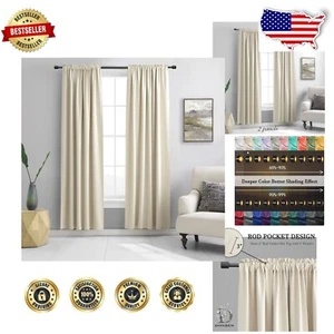 Elegant Beige Room Darkening Curtains - 52 x 90 Inch Thermal Insulated Drapes - Picture 1 of 10