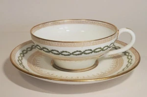 Antique Royal Doulton Cup &Saucer E1364 Gold Greek Key Green Laurel Filigree - Picture 1 of 10