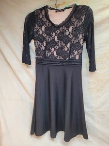 (L) Womens Floral Print Lace V-Neck 3/4 Sleeve Mini Swing Dress Party Evening - Picture 1 of 8