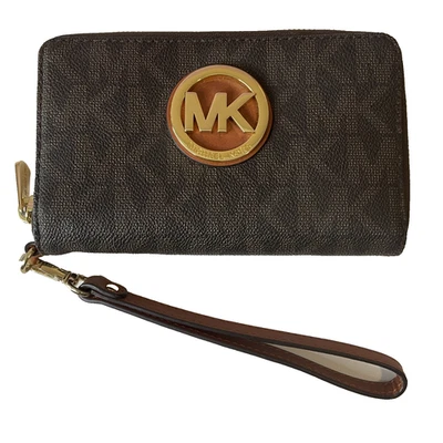 MICHAEL KORS Fulton Brown Flat Multi Function Phone Case Zip Wallet Wristlet - Image 1 of 4