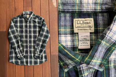 Camisa de franela a cuadros escocesa LL Bean para hombre talla grande alta tartán verde azul clásica Foto 1 de 4