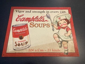 Tin Sign Campbell’s Soups Vigor & Strength In Every Can - VTG Reproduction 16x12 - Picture 1 of 2