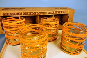 Juego de 4 Vasos de Vidrio Soplados a Mano Mexicanos Naranja Remolino Espiral 4"H Halloween - Imagen 1 de 20