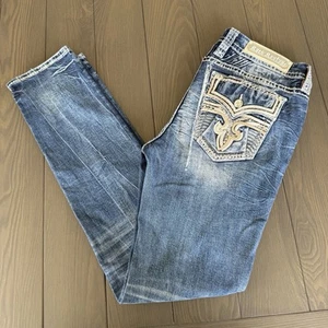 Rock Revival Jeans Women 31x32 Rosebloom Straight Blue Embellished Stretch Denim - Picture 1 of 24