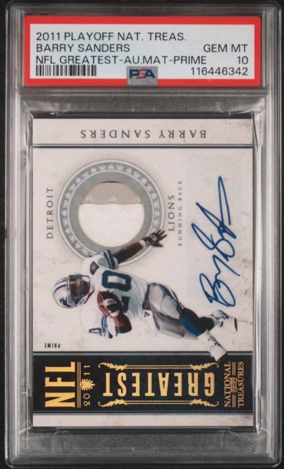 2011 National Treasures Barry Sanders Greatest GW Patch Auto /10 PSA 10 Pop 1 - Image 1 of 2