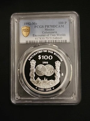 Mexico 100 pesos 1992  PCGS  PF70 UC, "Ibero-America:   20000 Mintage Rare Top - Image 1 of 2