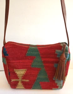 Tapestry Carpet Bag Wool with Leather Strap and Tassel Made in India - Picture 1 of 7