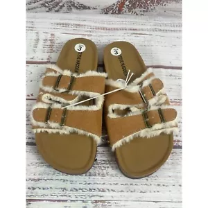 NWT Girls Steve Madden Faux Fur Cognac Hippie Sandals Slides Sz 3 - Picture 1 of 7