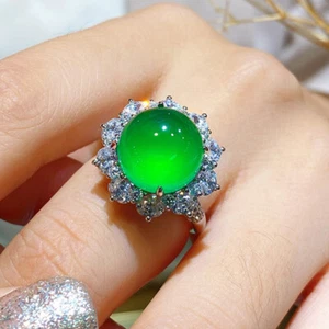 New 10mm Round Natural Green Agate Topaz Gemstone Charm Women Silver Ring - Picture 1 of 6