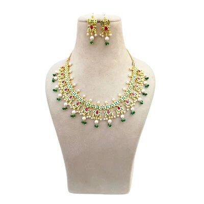 South Indian Bridal Wedding Ruby Emerald Pearl Choker Necklace Studs Jewelry Set - Image 1 of 4