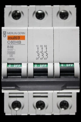 MERLIN GERIN 32 AMP CURVE B 10kA TRIPLE POLE MCB CIRCUIT BREAKER C60HB 25873 - Image 1 of 4