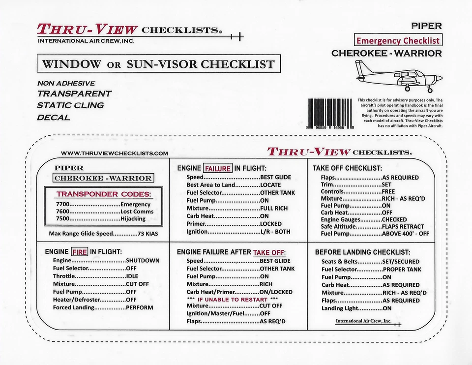 Lista de verificación de aviación de emergencia Thru-View - Piper PA-28 Cherokee/Warrior Foto 1 de 1