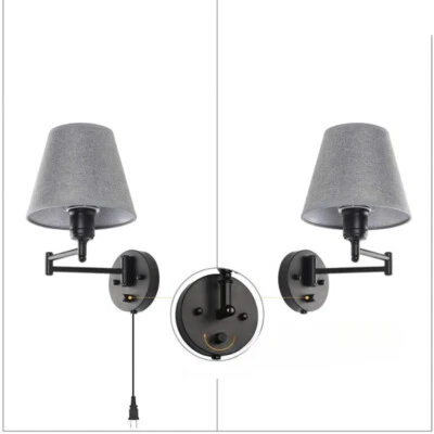 2pcs Modern Swing Arm Wall Lamp Plug in Wall Sconce Fabric Shade for Bedroom - Image 1 of 4