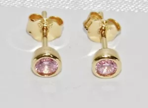 9ct Yellow Gold on Silver Pink Tourmaline Stud Earrings - October Birthstone - Picture 1 of 6