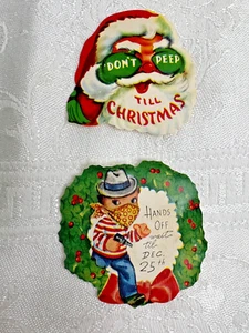 2 Vintage Christmas Stickers ~ Boy with Gun and Santa No Peep ~ 1940-1950 - Picture 1 of 5