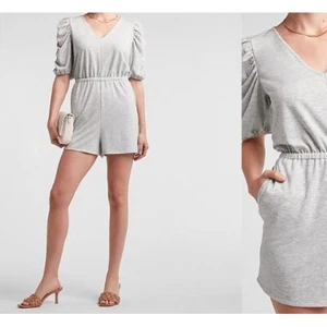 NEW Express Puff Sleeve Romper Womens XS Gray Soft Ruched Pockets Casual R02X - Picture 1 of 7