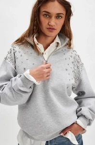 Free People Retrofete Marissa Sweatshirt Verzierungen Reißverschluss meliert grau S Neu mit Etikett - Bild 1 von 7