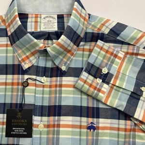 NWT Brooks Brothers Shirt Men L Blue Orange Plaid Regent Button Down Long Sleeve - Picture 1 of 15