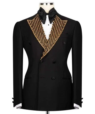 Traje formal de lujo para hombre con cuentas cristales dorados Blazer moderno de doble pecho Foto 1 de 4