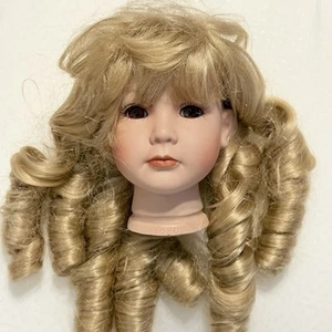 VTG Porcelain Doll Head Parts For 17” Dolls Blonde Curly Wig Brown Eyes Replace - Picture 1 of 10