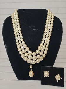 Beautiful Avon Baroque Pearlesque Pearl Necklace 3 Strand & Enhancer + Earrings