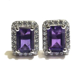  925 sterling silver emerald Amethyst White topaz gemstone halo stud earrings - Picture 1 of 6