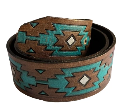 Vintage Hand Painted Leather Belt S/M Turquoise Brown Silver Aztec Southwestern - Image 1 of 4