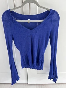 Free People Intimately So Dramatic Blue Sheer Bell Sleeve V-Neck Blouse SMALL/XS - Picture 1 of 3