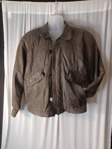 Mens L Vintage Leather Bomber Jacket Brown Unique Pockets Global Identity GIII - Picture 1 of 14