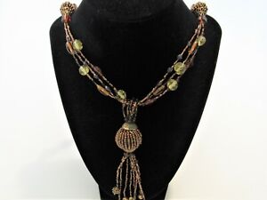 CHICO'S NECKLACE 28" BRONZE ART GLASS BEADS TASSEL LOBSTER CLASP 550