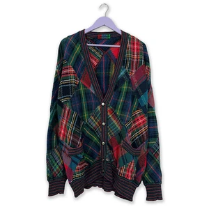 Cardigan Ermanno Vintage 15% Lino Rojo Y Azul A Fantasía A Cuadros Con Botones - Imagen 1 de 14