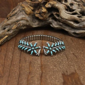 Vintage Sterling Silver Petit Point Turquoise Flower Design Watchband - Picture 1 of 5