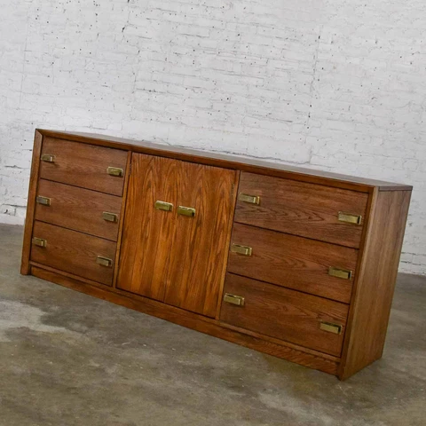 Bassett Modern Credenza Buffet Dresser in Medium Tone Finish Brass Plate Pulls Cover