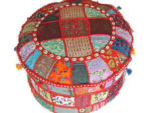 Indian Pouf Ottoman – Multicolor Patchwork Big Round Fabric Hassock Cover